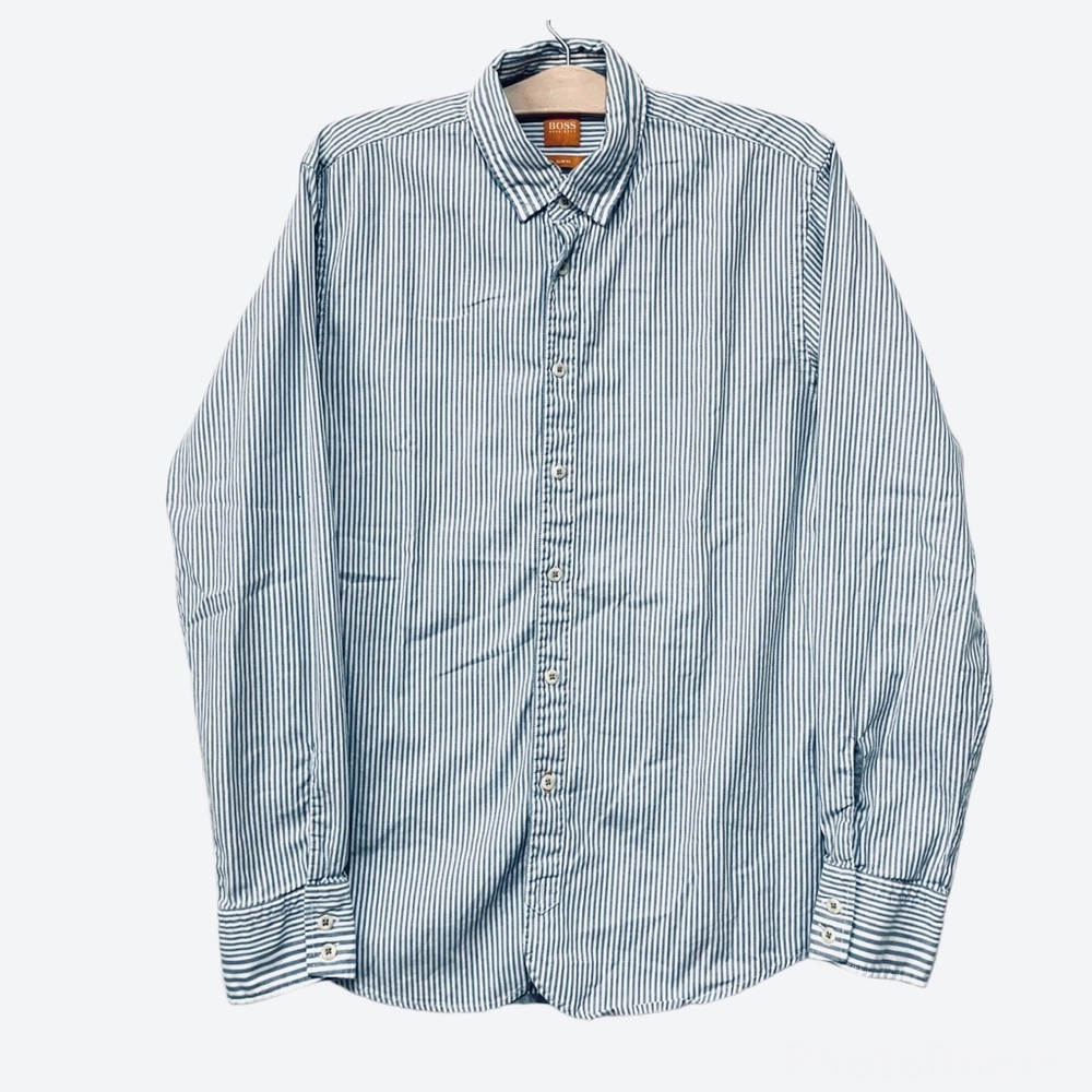 Boss Faded Blue Slim Fit Stripes Button Down Shirt Size Medium